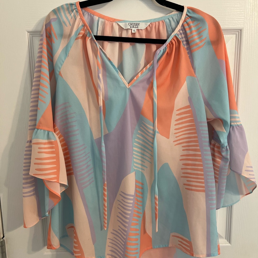 Crosby V-Neck Flutter Sleeve Blouse - Pastel Coral & Aqua